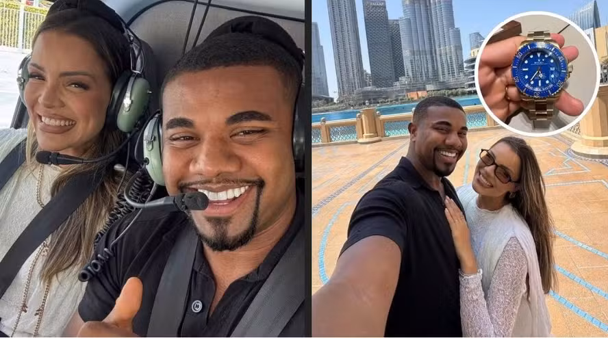 Relógio Rolex de R$ 183 mil e passeio de helicóptero: Davi Brito ostenta durante lua de mel em Dubai